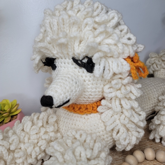 Hand made knit crochet stuffed poodle stuffed white poodle dog with bows. 20" - Picture 5 of 9